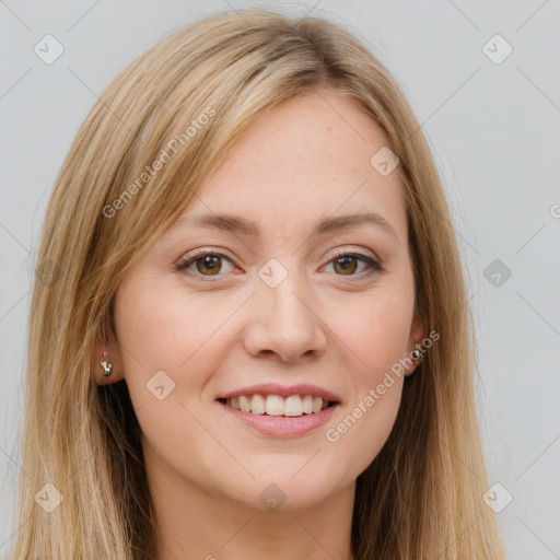 Joyful white young-adult female with long  brown hair and brown eyes