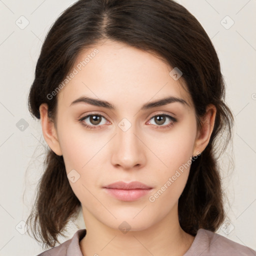 Neutral white young-adult female with medium  brown hair and brown eyes