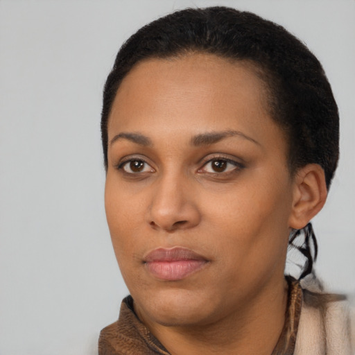 Neutral black young-adult female with short  black hair and brown eyes