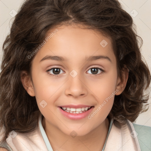 Joyful white child female with medium  brown hair and brown eyes