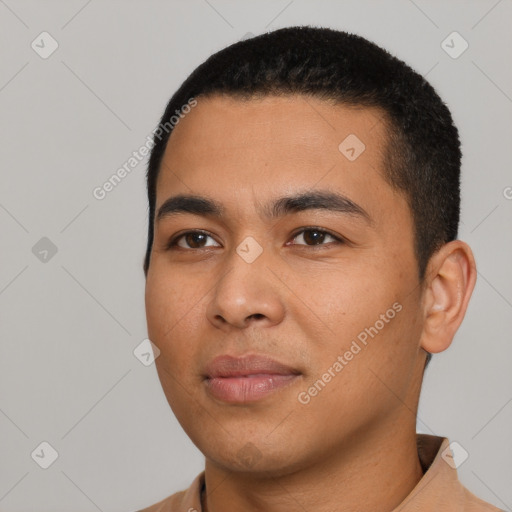 Neutral latino young-adult male with short  black hair and brown eyes