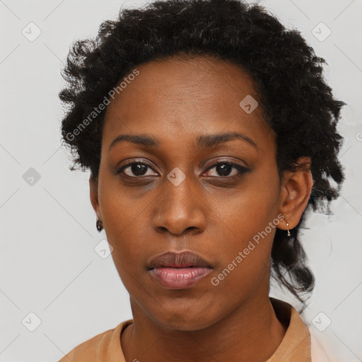 Neutral black young-adult female with short  black hair and brown eyes