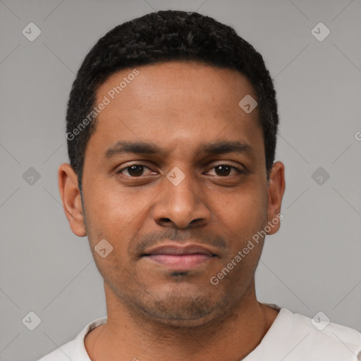 Neutral latino young-adult male with short  black hair and brown eyes
