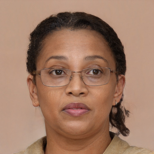Neutral latino adult female with short  brown hair and brown eyes
