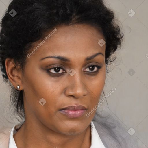 Neutral black young-adult female with medium  brown hair and brown eyes