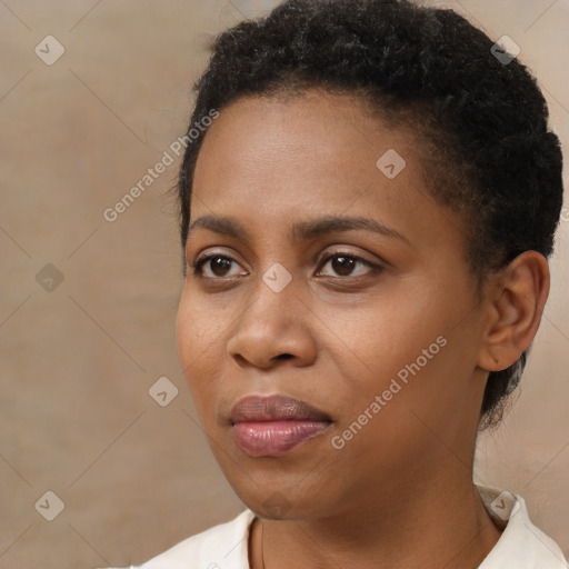 Joyful black young-adult female with short  brown hair and brown eyes