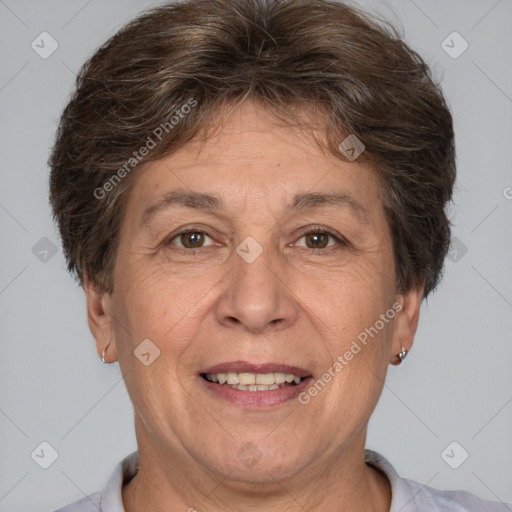 Joyful white adult female with short  brown hair and brown eyes