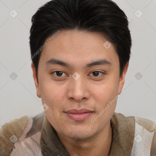 Joyful asian young-adult male with short  brown hair and brown eyes