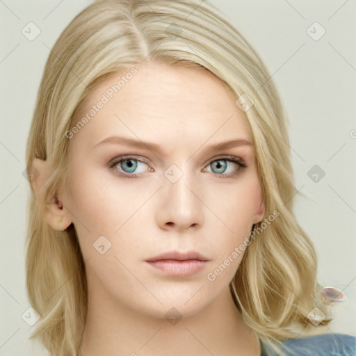 Neutral white young-adult female with long  blond hair and blue eyes