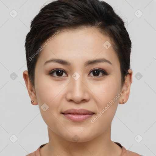 Joyful asian young-adult female with short  brown hair and brown eyes