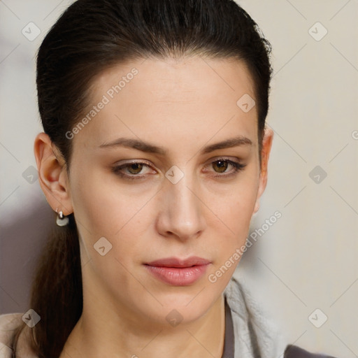 Neutral white young-adult female with short  brown hair and brown eyes