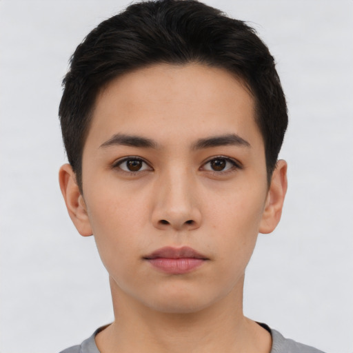 Neutral asian young-adult female with short  black hair and brown eyes