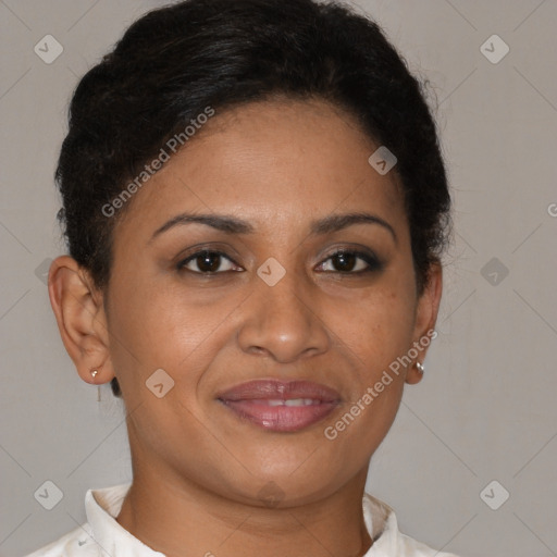 Joyful latino young-adult female with short  brown hair and brown eyes