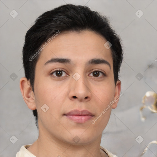 Neutral asian young-adult male with short  brown hair and brown eyes