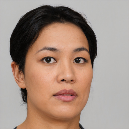 Neutral asian young-adult female with medium  black hair and brown eyes