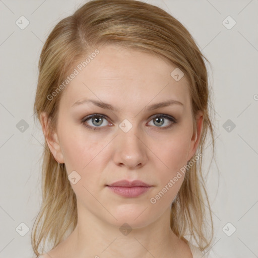 Neutral white young-adult female with medium  brown hair and grey eyes