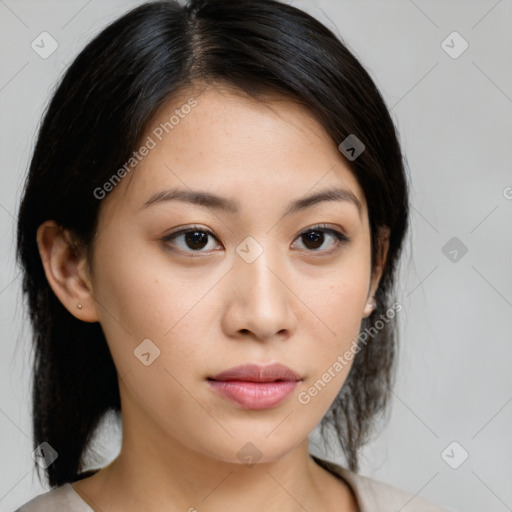 Neutral white young-adult female with medium  brown hair and brown eyes