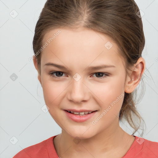 Joyful white child female with medium  brown hair and brown eyes