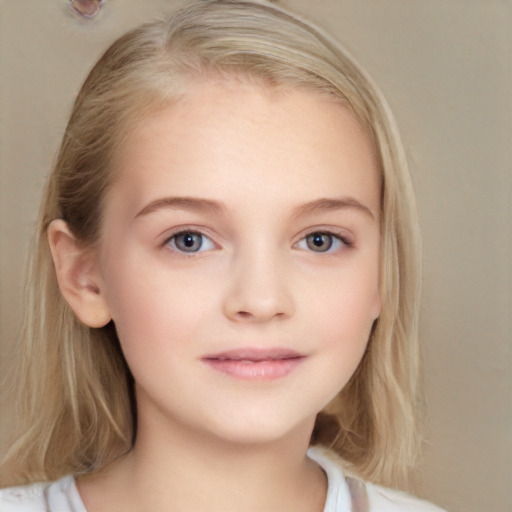 Neutral white child female with medium  brown hair and grey eyes