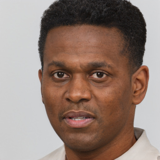 Neutral black adult male with short  black hair and brown eyes