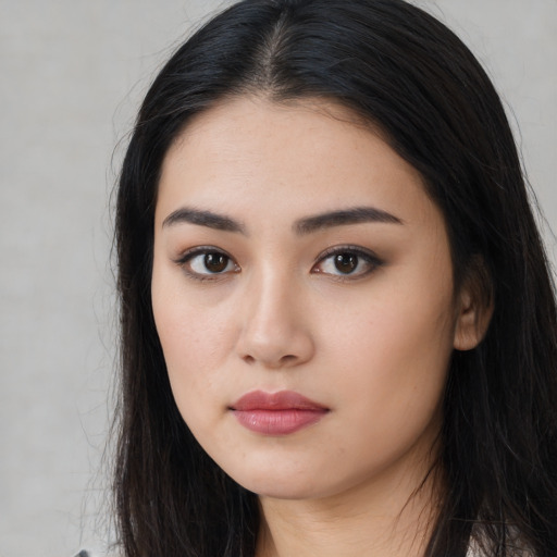 Neutral asian young-adult female with long  black hair and brown eyes