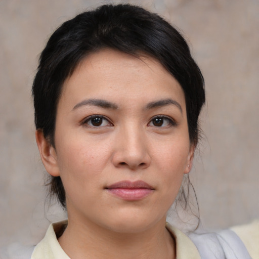 Neutral asian young-adult female with medium  black hair and brown eyes