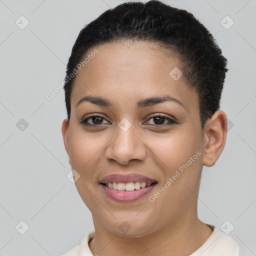 Joyful latino young-adult female with short  brown hair and brown eyes