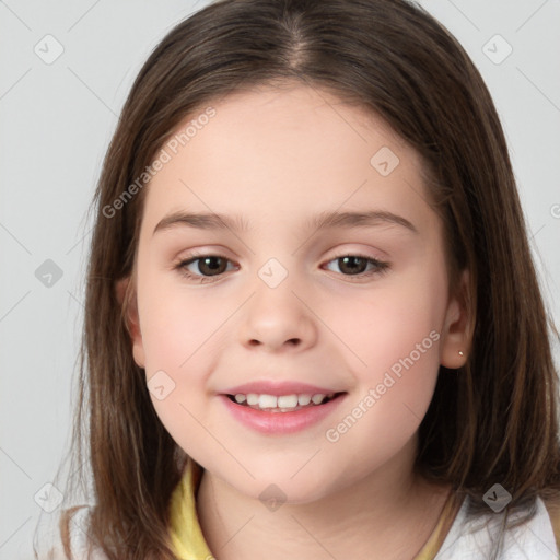 Joyful white child female with medium  brown hair and brown eyes