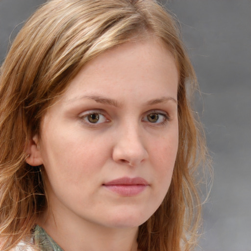 Neutral white young-adult female with long  brown hair and blue eyes