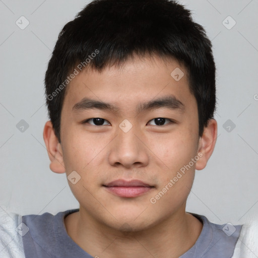 Neutral asian young-adult male with short  brown hair and brown eyes