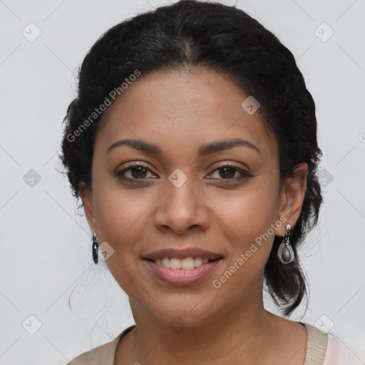 Joyful latino young-adult female with long  brown hair and brown eyes