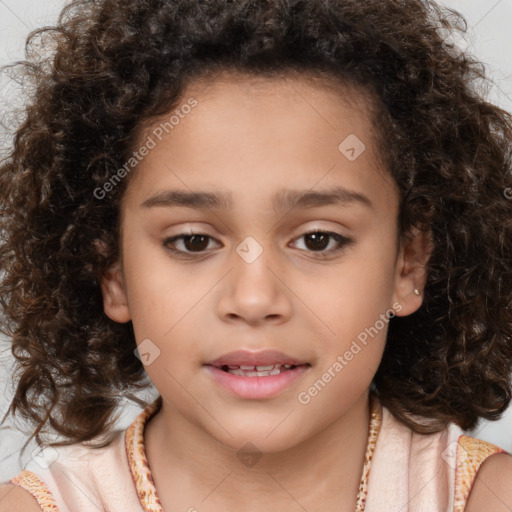 Joyful white child female with medium  brown hair and brown eyes