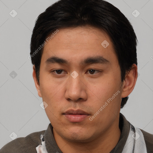 Neutral asian young-adult male with short  black hair and brown eyes