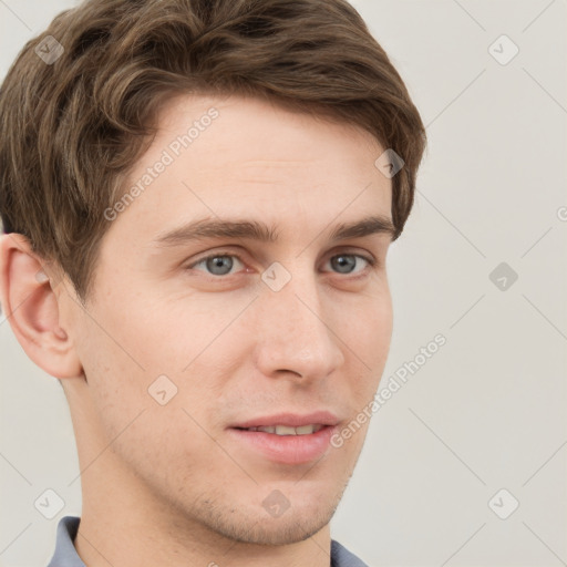 Neutral white young-adult male with short  brown hair and grey eyes