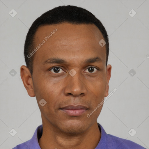 Neutral black young-adult male with short  black hair and brown eyes