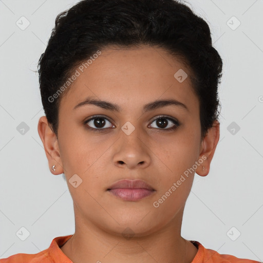 Neutral latino young-adult female with short  brown hair and brown eyes