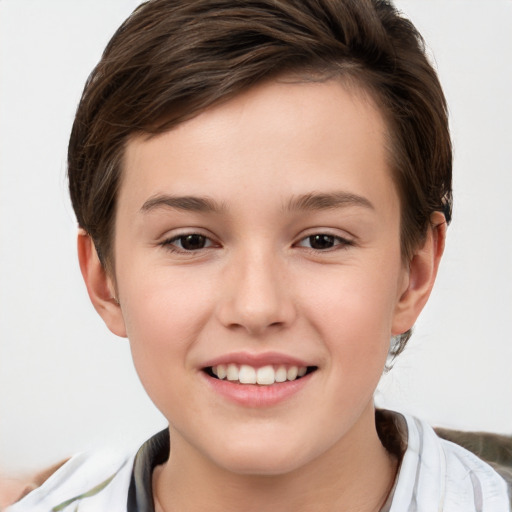 Joyful white child female with short  brown hair and brown eyes