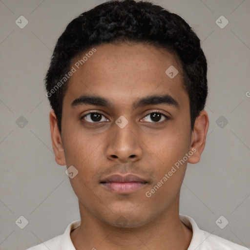 Neutral latino young-adult male with short  black hair and brown eyes