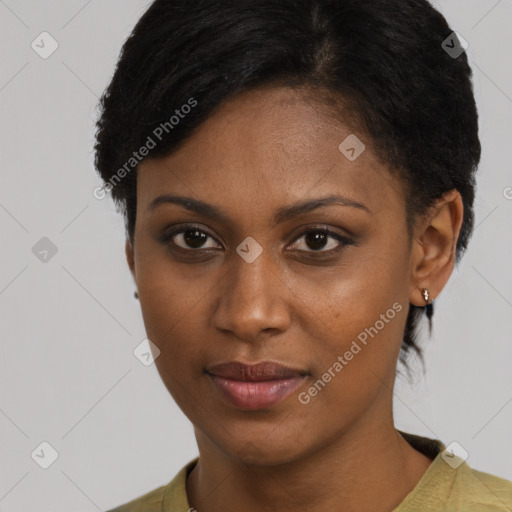 Neutral black young-adult female with short  brown hair and brown eyes