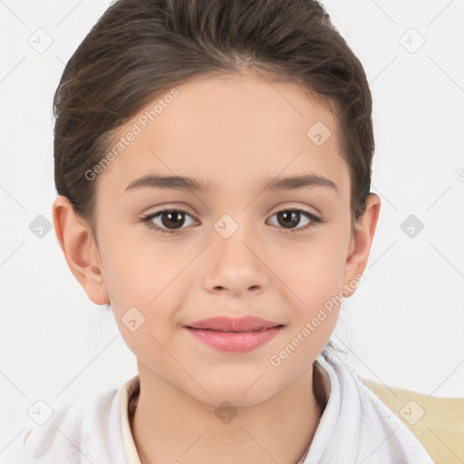 Joyful white child female with medium  brown hair and brown eyes