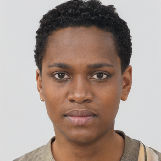 Neutral black young-adult female with short  black hair and brown eyes