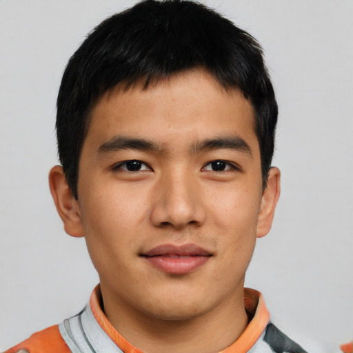 Neutral asian young-adult male with short  brown hair and brown eyes