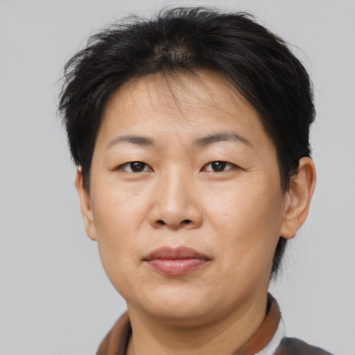 Joyful asian adult female with short  brown hair and brown eyes