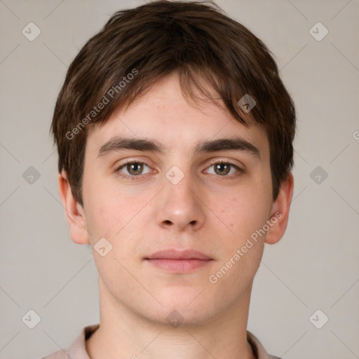 Neutral white young-adult male with short  brown hair and brown eyes