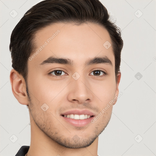 Joyful white young-adult male with short  brown hair and brown eyes