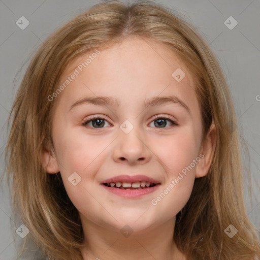 Joyful white child female with medium  brown hair and brown eyes