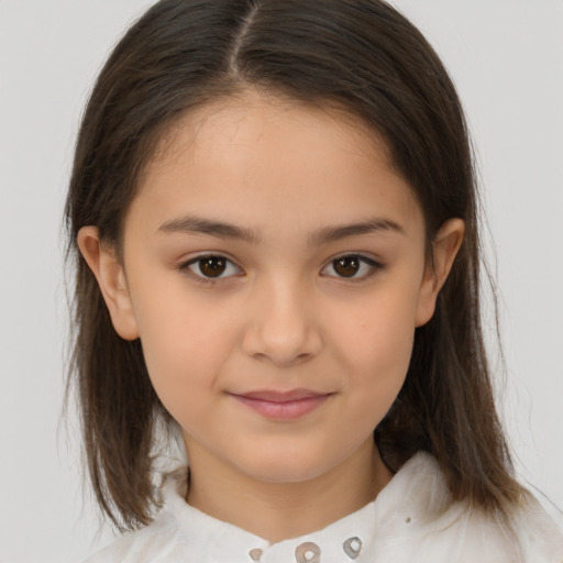 Joyful white child female with medium  brown hair and brown eyes