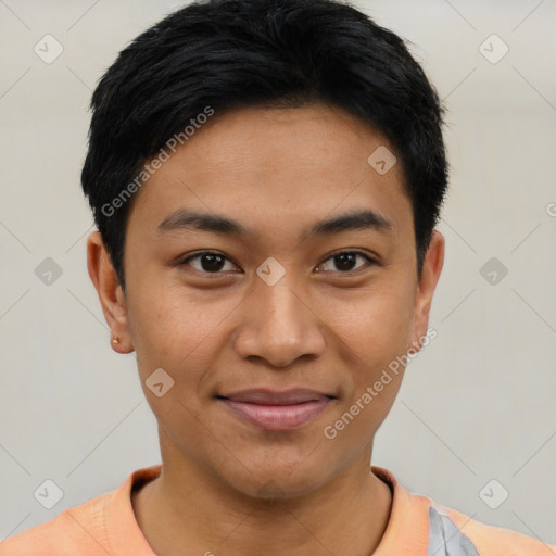 Joyful asian young-adult male with short  black hair and brown eyes