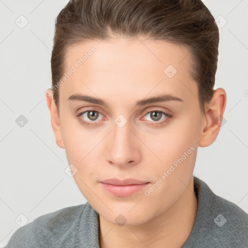 Neutral white young-adult female with short  brown hair and brown eyes