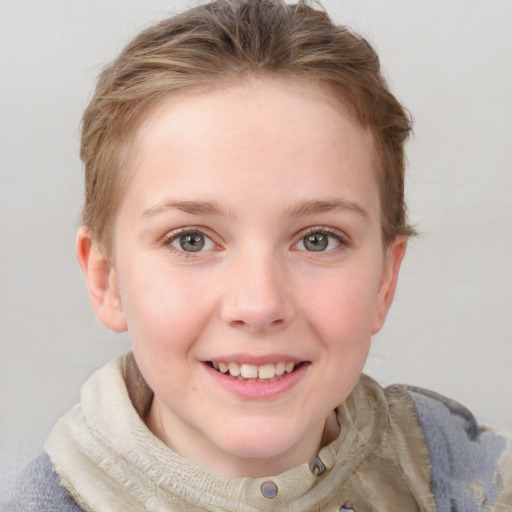 Joyful white young-adult female with short  brown hair and blue eyes